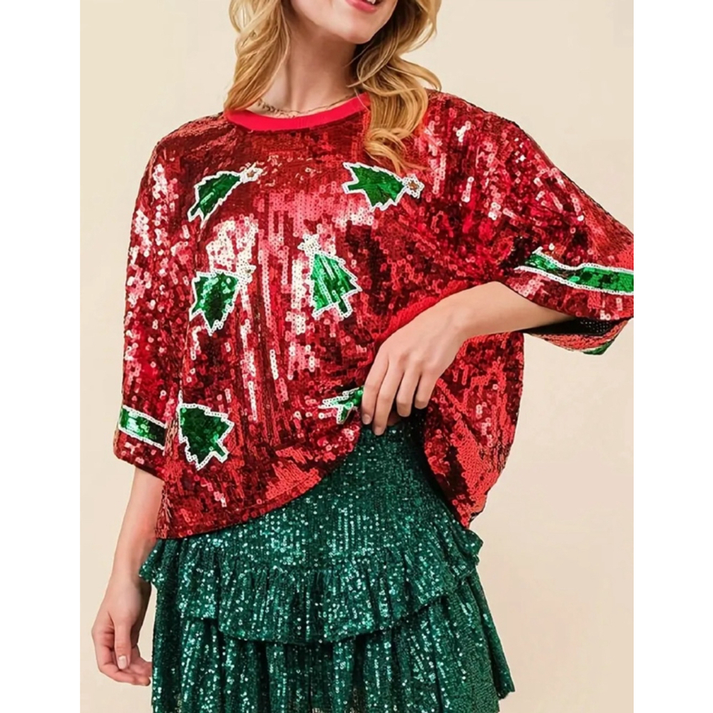 Oversized Red Sequins Top with Green Sequins Christmas Trees - Picture 3 of 4